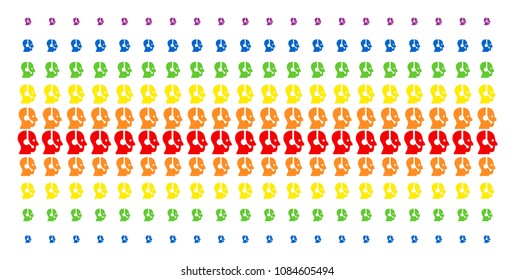 Operator icon rainbow colored halftone pattern. Vector objects arranged into halftone matrix with vertical rainbow colors gradient. Designed for backgrounds, covers,