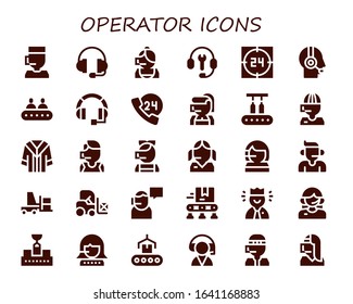operator icon set. 30 filled operator icons.  Simple modern icons such as: Call center, Support, Customer support, Customer service, Conveyor, Headset, 24h, Uniform, Forklift