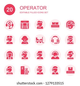 operator icon set. Collection of 20 filled operator icons included Telemarketing, Conveyor, Call center, Phone operator, Customer service, Forklift, Headset