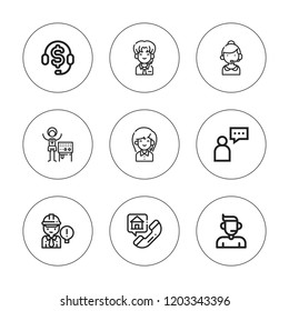 Operator icon set. collection of 9 outline operator icons with call center, engineer, operator, support, supporter, telemarketer icons. editable icons.