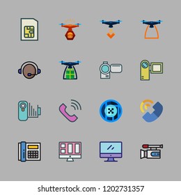 operator icon set. vector set about camcorder, drone, telephone and support icons set.