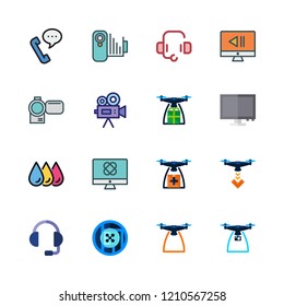 operator icon set. vector set about monitor, phone call, drone and camcorder icons set.