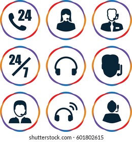 operator icons set. Set of 9 operator filled icons such as customer support, headset