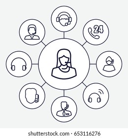 Operator icons set. set of 9 operator outline icons such as customer support, headset, operator
