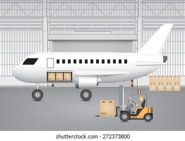 Operator loading cargo box to airplane storage by forklift inside hangar, airport. Vector illustration concept of import export, logistic, shipping, delivery. Freight transport distribution indusry.