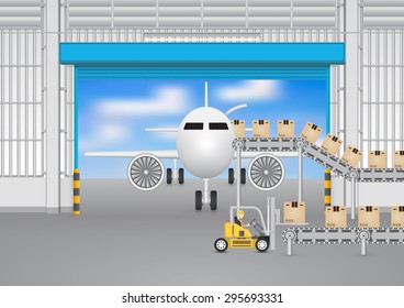 Operator loading cargo box to airplane storage by forklift inside hangar, airport. Vector illustration concept of import export, logistic, shipping, delivery. Freight transport distribution indusry.