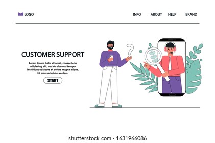 Operator with a magnifying glass and headset helps clients with feedback, hotline operator advises, global technical support online 24/7. Customer and operator service. Vector in white background.