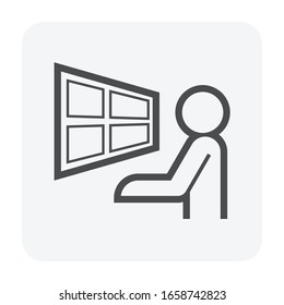 Operator Man And Computer Vector Icon. Consist Of Monitor Screen, System Technology For Production Control Room And Command Center. To Display Video From Cctv Camera, Sound Radio And Information Data.