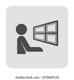 Operator Man And Computer Vector Icon. Consist Of Monitor Screen, System Technology For Production Control Room And Command Center. To Display Video From Cctv Camera, Sound Radio And Information Data.