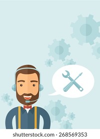 An operator man with headset customer service heldesk service with screwdriver and combination wrench inside bubble. Call center concept. A contemporary style with pastel palette, soft blue tinted