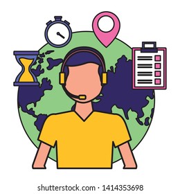 operator man world clock navigation pointer fast delivery vector illustration