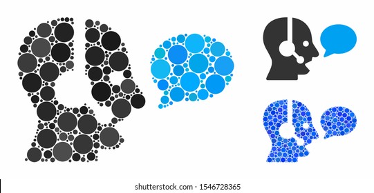 Operator message balloon composition of filled circles in various sizes and shades, based on operator message balloon icon. Vector filled circles are combined into blue illustration.