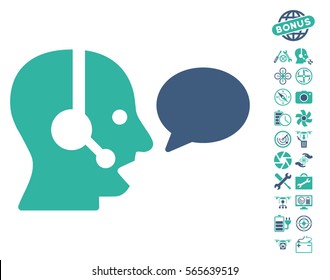Operator Message Balloon icon with bonus flying drone service clip art. Vector illustration style is flat iconic cobalt and cyan symbols on white background.