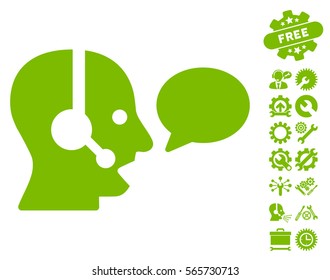 Operator Message Balloon icon with bonus service graphic icons. Vector illustration style is flat iconic eco green symbols on white background.