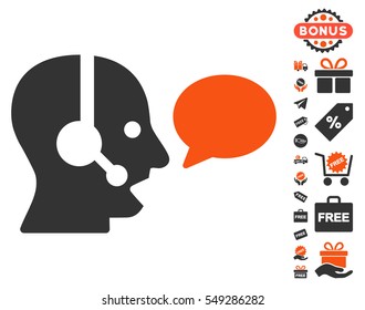 Operator Message Balloon icon with free bonus graphic icons. Vector illustration style is flat iconic symbols, orange and gray colors, white background.