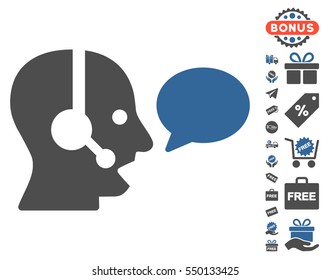 Operator Message Balloon icon with free bonus symbols. Vector illustration style is flat iconic symbols, cobalt and gray colors, white background.