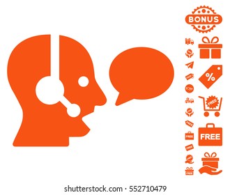Operator Message Balloon icon with free bonus pictograms. Vector illustration style is flat iconic symbols, orange color, white background.