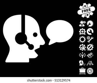 Operator Message Balloon pictograph with bonus tools graphic icons. Vector illustration style is flat iconic white symbols on black background.