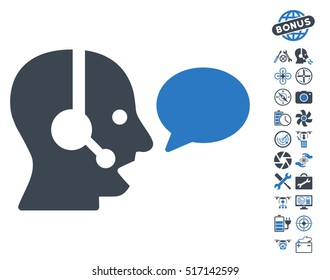 Operator Message Balloon pictograph with bonus drone tools graphic icons. Vector illustration style is flat iconic smooth blue symbols on white background.