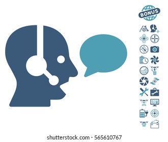Operator Message Balloon pictograph with bonus quadrocopter service design elements. Vector illustration style is flat iconic cyan and blue symbols on white background.