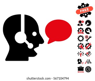 Operator Message Balloon pictograph with bonus tools graphic icons. Vector illustration style is flat iconic intensive red and black symbols on white background.