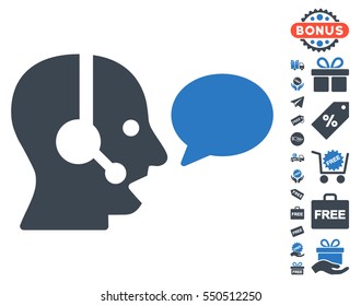 Operator Message Balloon pictograph with free bonus graphic icons. Vector illustration style is flat iconic symbols, smooth blue colors, white background.
