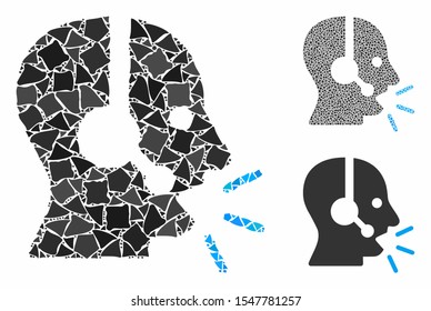 Operator message composition of ragged parts in various sizes and color hues, based on operator message icon. Vector ragged elements are grouped into composition.
