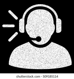 Operator Message grainy textured icon for overlay watermark stamps. Flat symbol with scratched texture. Dotted vector white ink rubber seal stamp with grunge design on a black background.