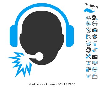 Operator Message icon with bonus airdrone service images. Vector illustration style is flat iconic blue and gray symbols on white background.