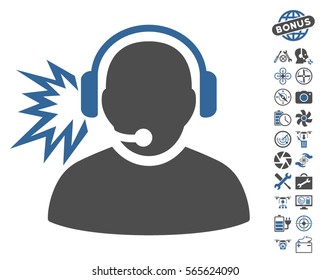 Operator Message icon with bonus drone tools images. Vector illustration style is flat iconic cobalt and gray symbols on white background.