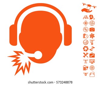 Operator Message icon with bonus flying drone service pictograph collection. Vector illustration style is flat iconic orange symbols on white background.