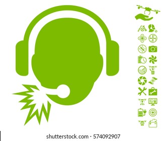 Operator Message icon with bonus flying drone service pictograms. Vector illustration style is flat iconic eco green symbols on white background.