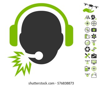 Operator Message icon with bonus flying drone service images. Vector illustration style is flat iconic eco green and gray symbols on white background.