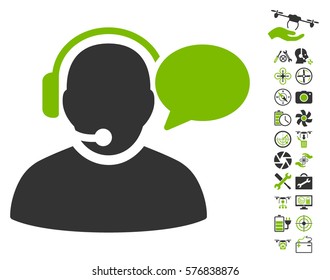 Operator Message icon with bonus nanocopter service design elements. Vector illustration style is flat iconic eco green and gray symbols on white background.