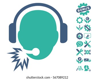 Operator Message icon with bonus options symbols. Vector illustration style is flat iconic cobalt and cyan symbols on white background.