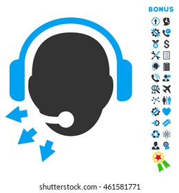 Operator Message icon with bonus pictograms. Vector style is bicolor flat iconic symbol with rounded angles, blue and gray colors, white background.