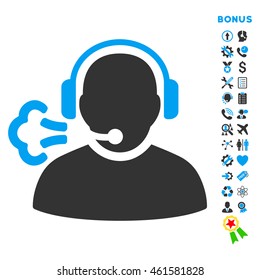 Operator Message icon with bonus pictograms. Vector style is bicolor flat iconic symbol with rounded angles, blue and gray colors, white background.