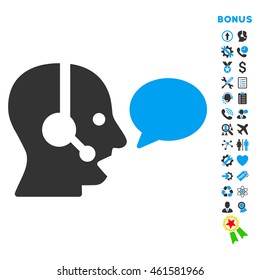 Operator Message icon with bonus pictograms. Vector style is bicolor flat iconic symbol with rounded angles, blue and gray colors, white background.