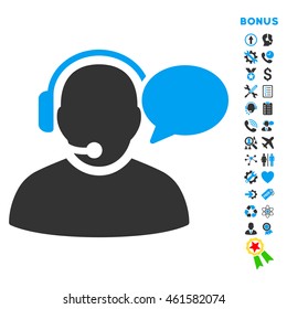 Operator Message icon with bonus pictograms. Vector style is bicolor flat iconic symbol with rounded angles, blue and gray colors, white background.