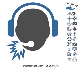 Operator Message icon with bonus quadrocopter tools pictures. Vector illustration style is flat iconic cobalt and gray symbols on white background.