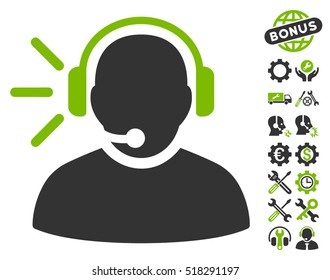 Operator Message icon with bonus service pictograph collection. Vector illustration style is flat iconic eco green and gray symbols on white background.