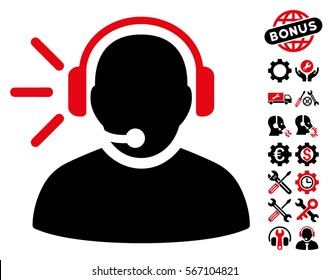 Operator Message icon with bonus setup tools pictures. Vector illustration style is flat iconic intensive red and black symbols on white background.