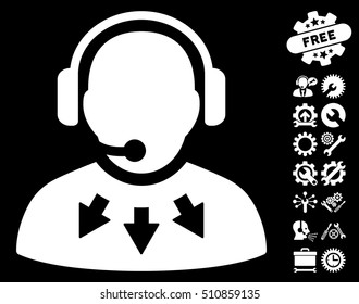 Operator Message icon with bonus tools pictures. Vector illustration style is flat iconic white symbols on black background.