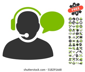 Operator Message icon with bonus tools icon set. Vector illustration style is flat iconic eco green and gray symbols on white background.