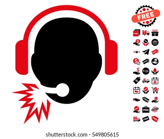 Operator Message icon with free bonus pictograms. Vector illustration style is flat iconic symbols, intensive red and black colors, white background.