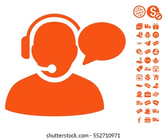 Operator Message icon with free bonus icon set. Vector illustration style is flat iconic symbols, orange color, white background.