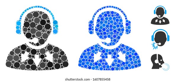 Operator message mosaic of circle elements in various sizes and color hues, based on operator message icon. Vector round elements are composed into blue mosaic.