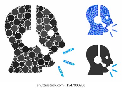 Operator message mosaic of filled circles in variable sizes and color hues, based on operator message icon. Vector small circles are combined into blue illustration.