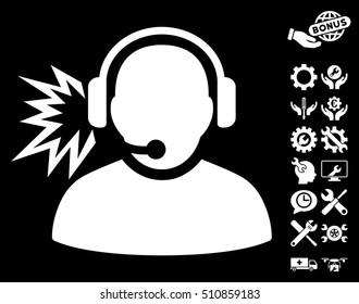 Operator Message pictograph with bonus configuration pictograms. Vector illustration style is flat iconic white symbols on black background.