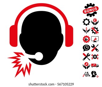 Operator Message pictograph with bonus configuration graphic icons. Vector illustration style is flat iconic intensive red and black symbols on white background.